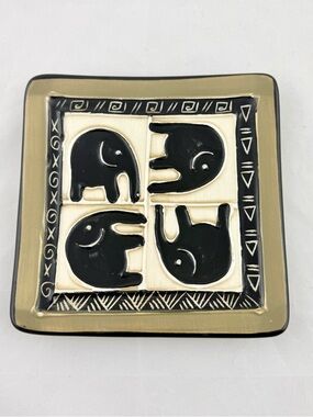 Julian Keyser Vintage Ceramic Pottery Plate Four Elephants Folk Art